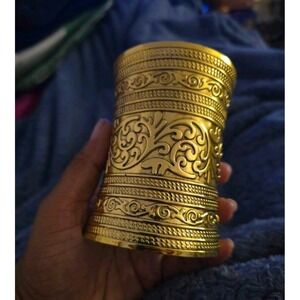 Gold Tone Wide Cuff Bracelet Ornate Engraved Pattern Statement Bangle